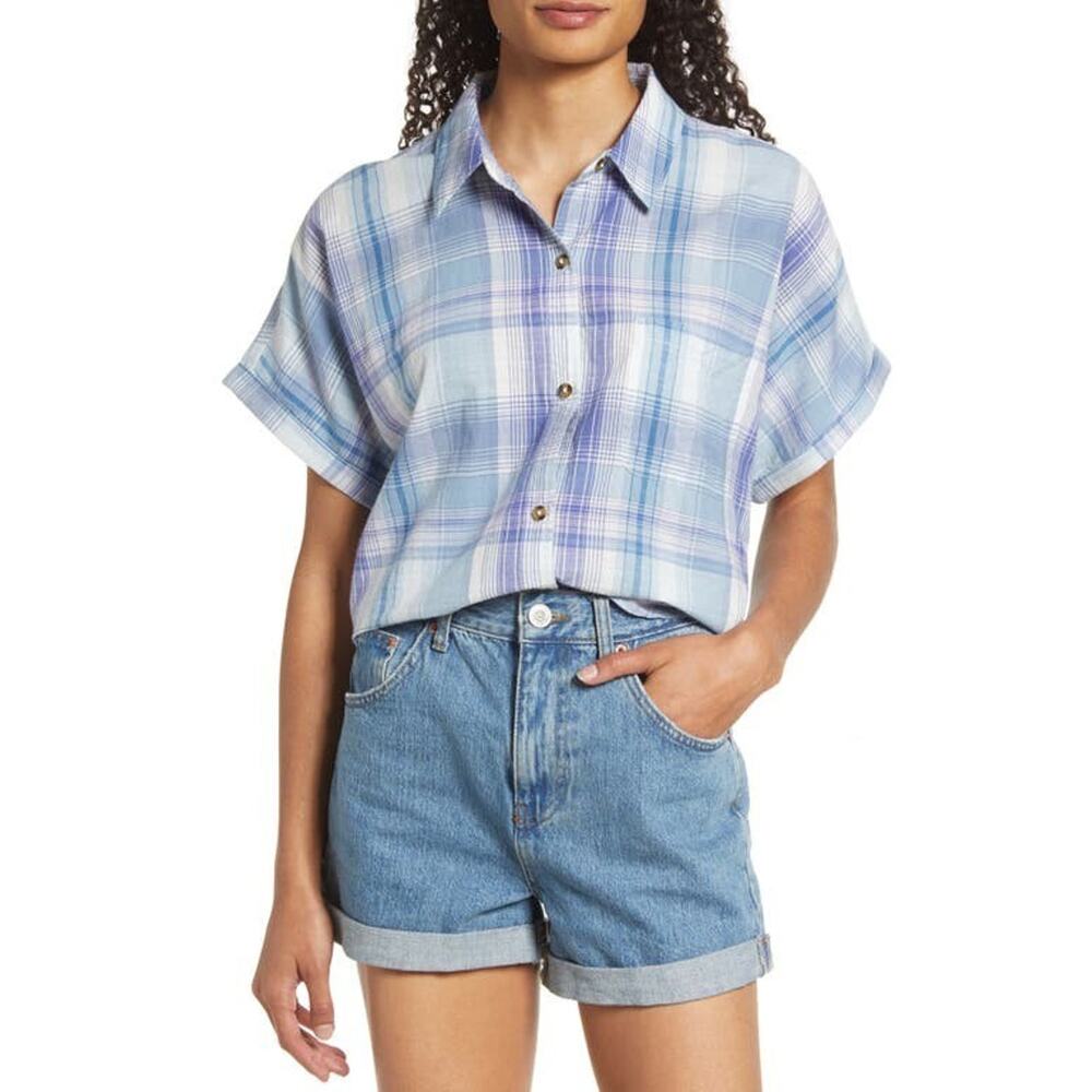 Lucky Womens Brand Plaid Cotton Workwear Shirt - Indigo Multi Sz XS